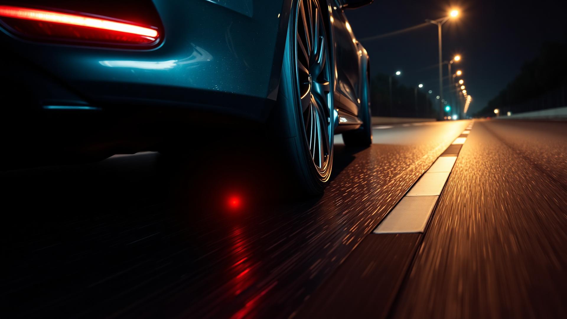 Premium car tyre on wet asphalt at night